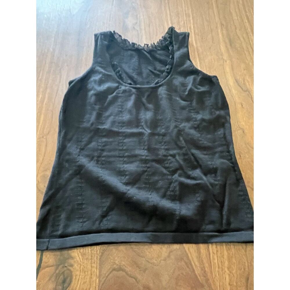Womens S Tank top black Mesh Lace ruffled Trim classic stretch light weight
